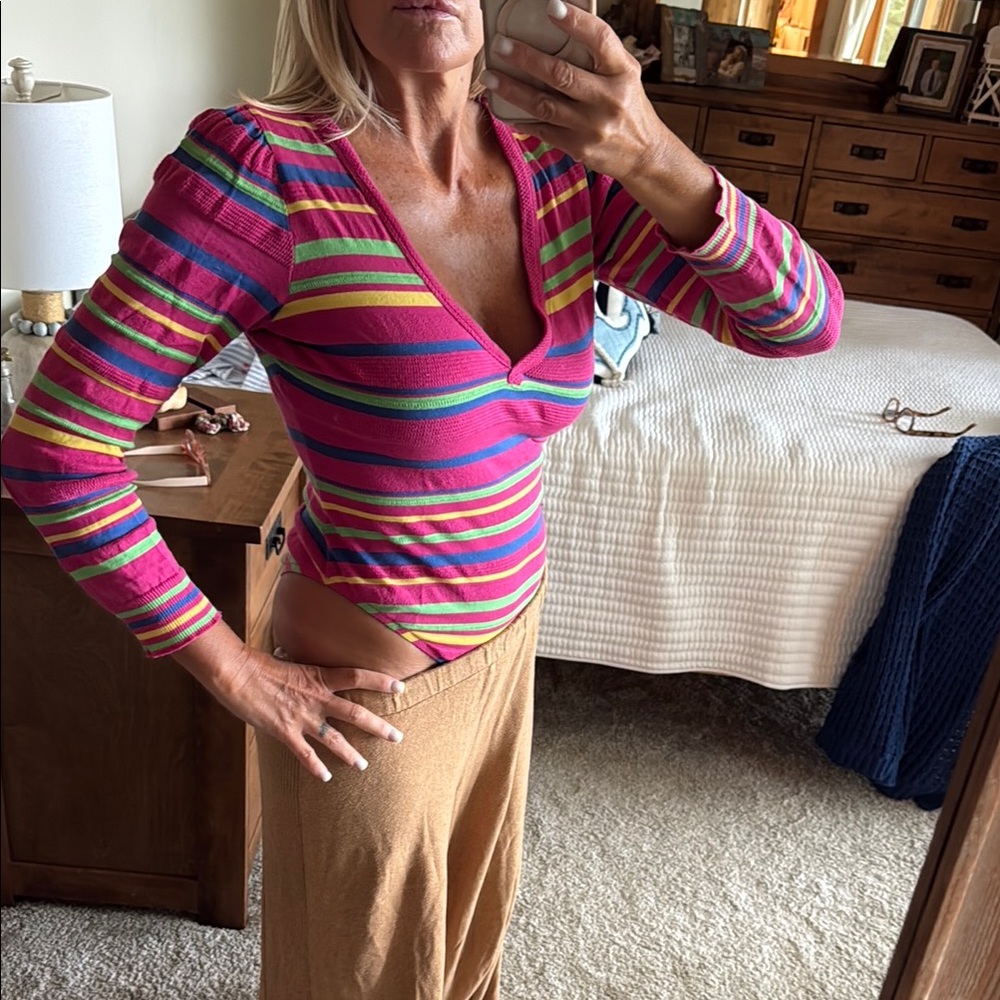 LoveShackFancy Pink Multi-Stripe V-Neck Long Sleeve Bodysuit